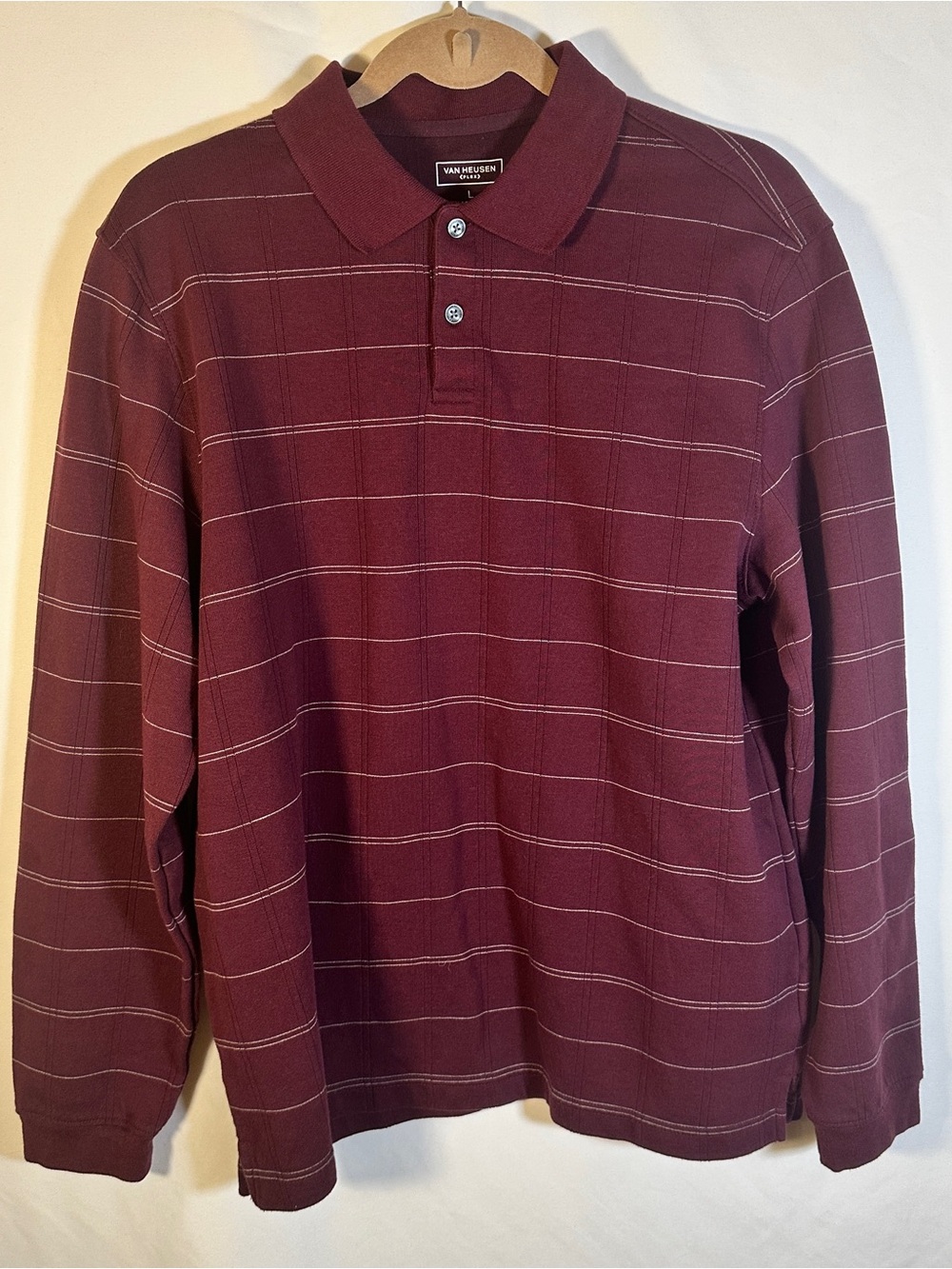 Van Heusen Men's Burgundy Long Sleeve Polo with Subtle Stripes